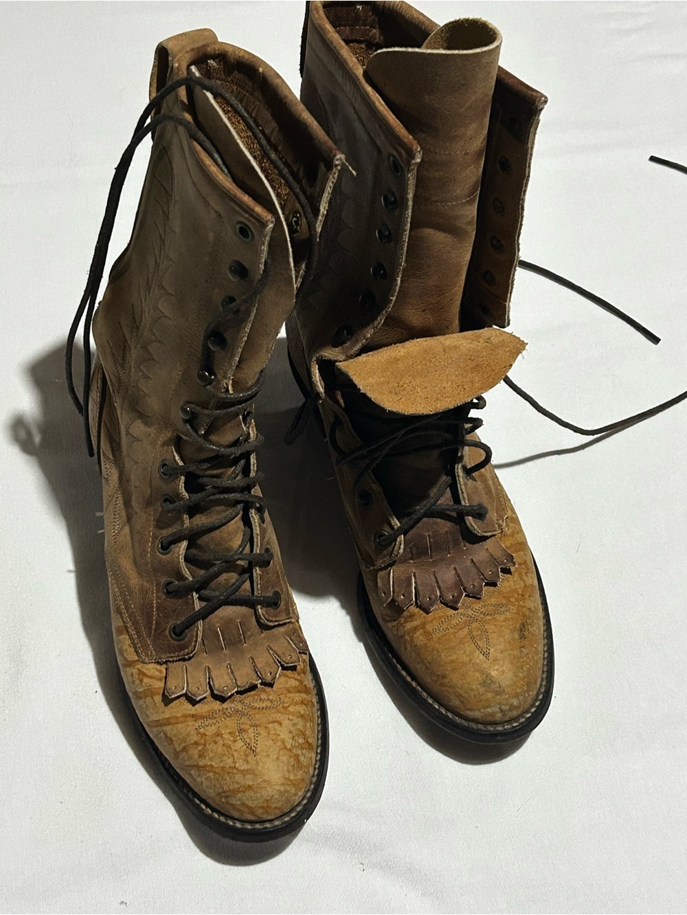 Tony Lama Brown Leather Lace-Up Fringe Work Boots